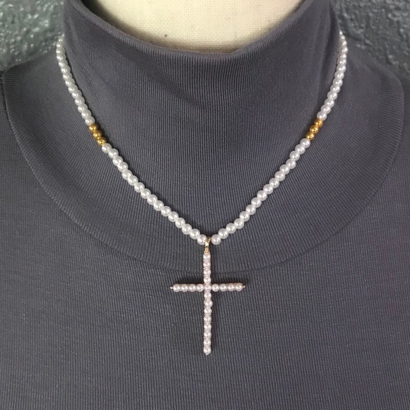 SOLD—Medici Contessina Pearls Gold Renaissance Cross Necklace Handmade Replica - Picture 3 of 16